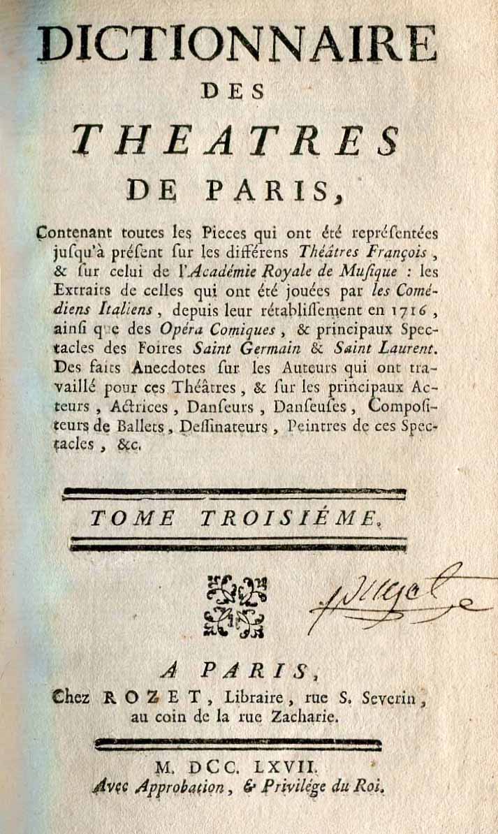 Dictionnaire de Theatres de Paris. Tome III